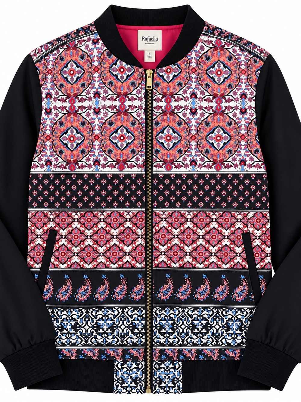 Rafaella Women’s Large Boho Print Bomber Jacket Black Multicolor Zip Front